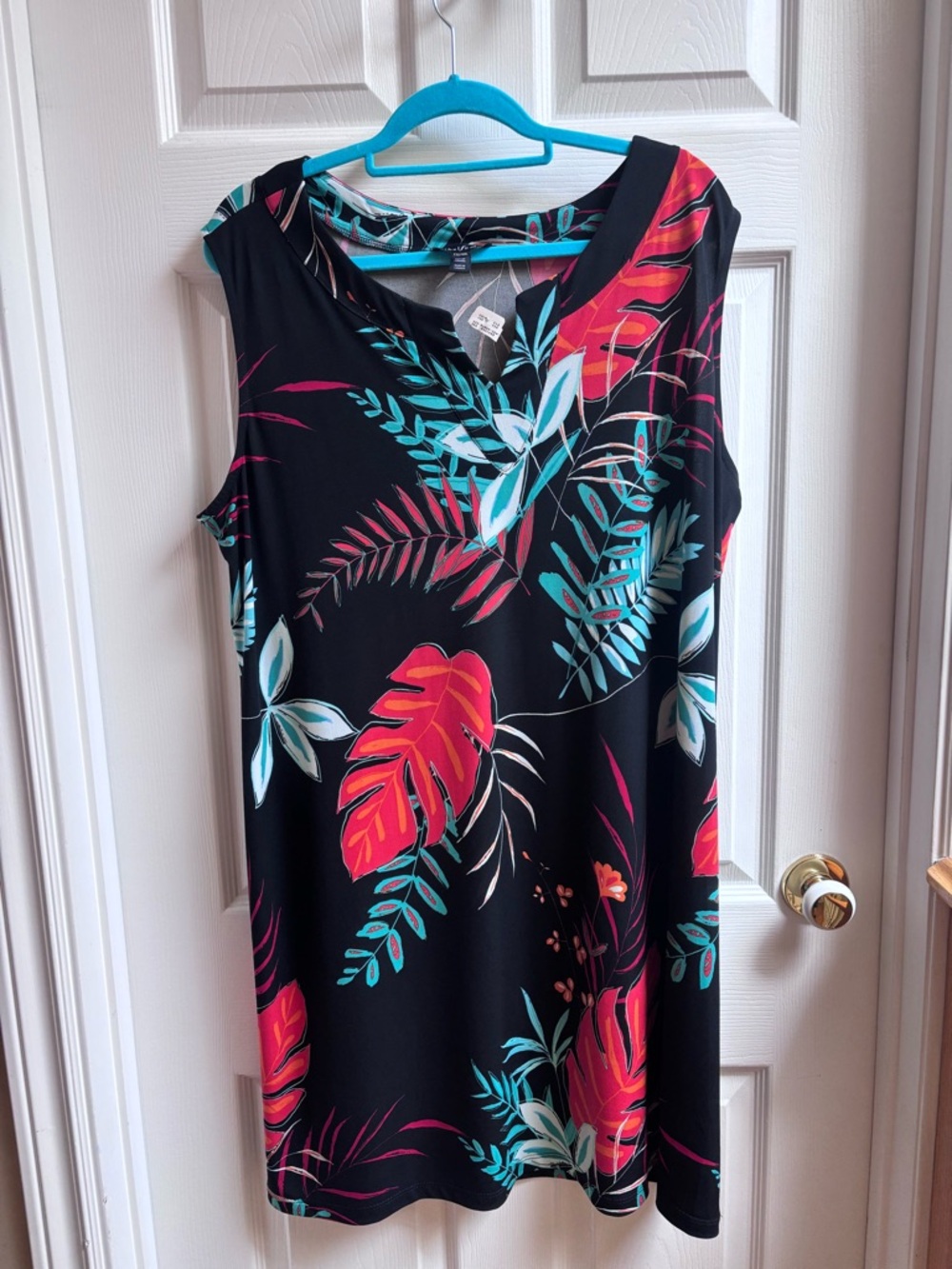 Tribal Femme Black knee length Dress with Teal, White & Coral Leaf Print - Picture 3 of 7